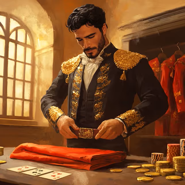 Casinia Casino player near a table with golden coins and playing cards
