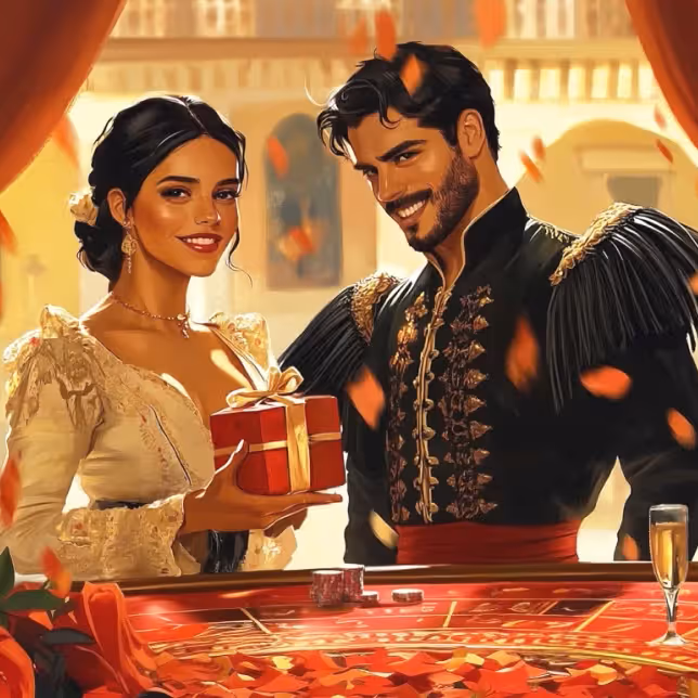 Casinia Casino couple celebrating a welcome bonus win beside a roulette table.