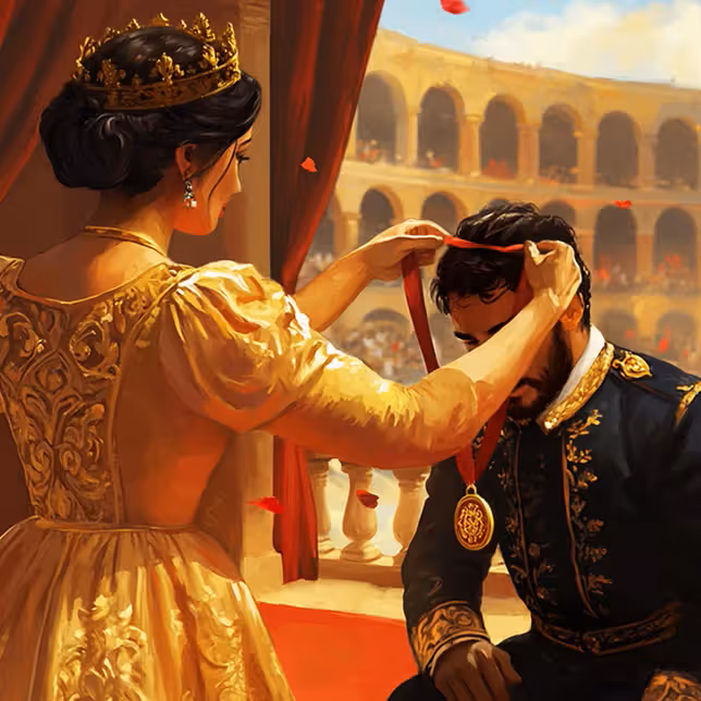 Casinia Casino scene showing a crowned queen awarding a medal to a victorious player in a grand casino hall with golden lighting.