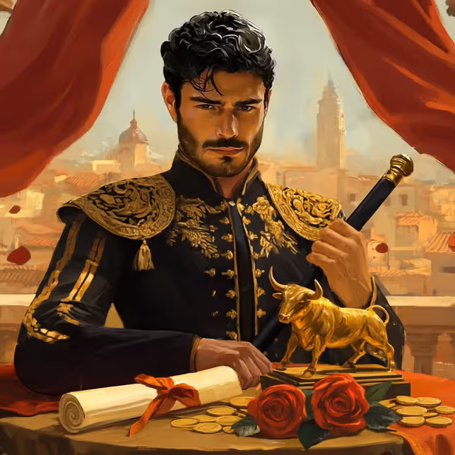 Casinia Casino gentleman in ornate gold attire sitting at a casino table with a golden bull statue, chips, and roses.