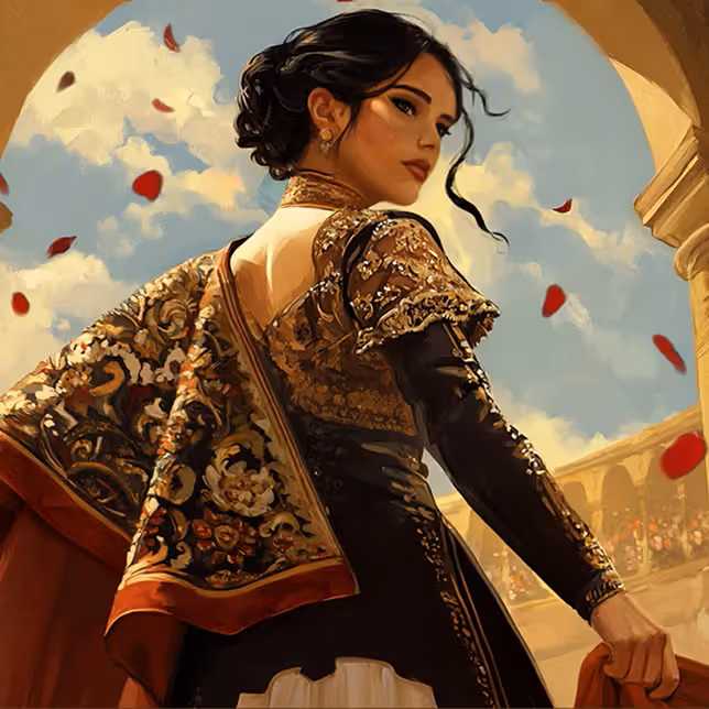 Casinia Casino elegant woman in a gold-embroidered outfit standing in an open-air arena with falling petals, symbolizing prestige and celebration.