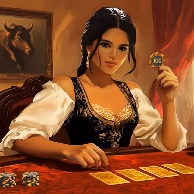 Casinia Casino female dealer smiling with a golden chip and vibrant lights